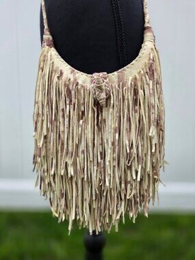 En Shalla Leather Fringe Crossbody Bag Boho Lavendar Cream